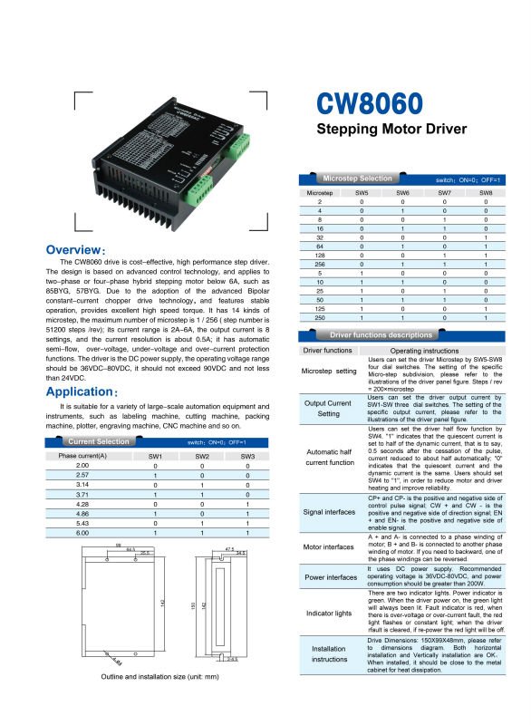 CW8060マイクロのステップの2フェーズステップ・モータの運転者、現在の2A-6Aの入力電圧36Vdc~80Vdc問屋・仕入れ・卸・卸売り