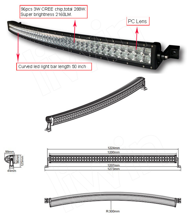 hotsale 288w waterproof 50 inch curved led light bart for trucks SUV,off road led light bar