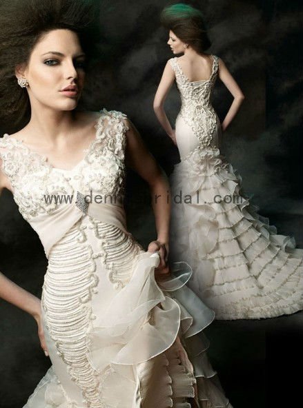 Multilayers ruffle unique mermaid dennis wedding dress C2