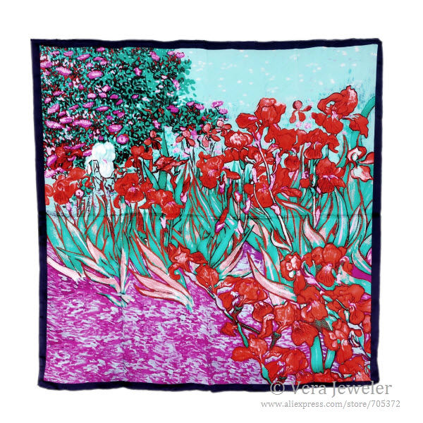 FS003211-RD 600 van gogh\'s irises 34 square 100% satin silk scarf hand rolled edges (1)