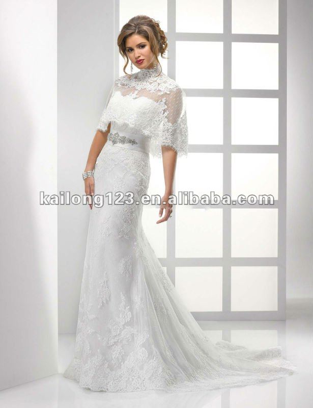 Fashion Strapless With Capelet Fitted Sheath Lace Wedding