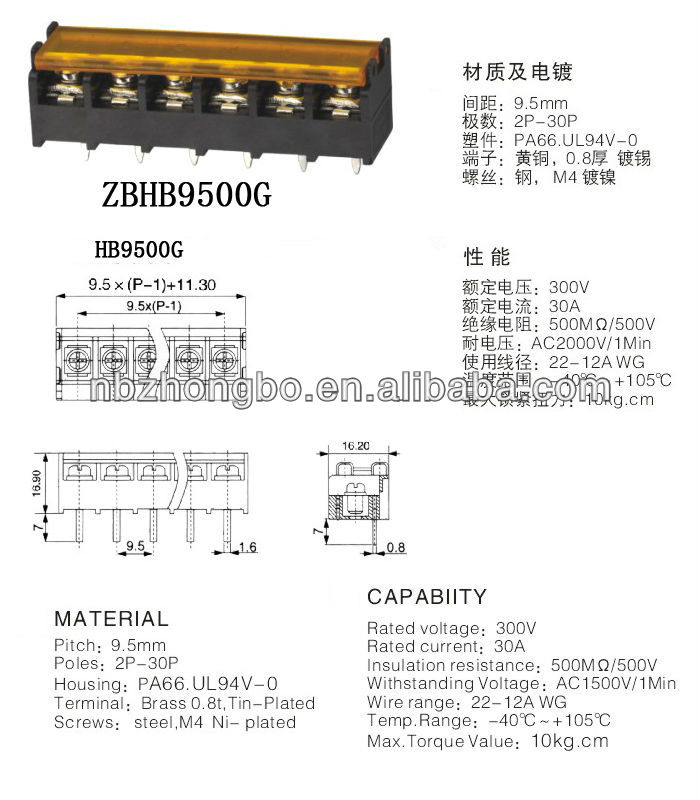 バリア端子台9.5ミリメートル電源端子台仕入れ・メーカー・工場