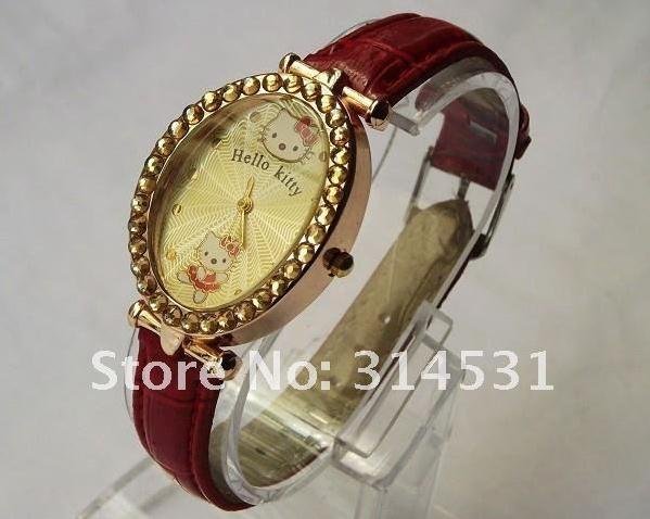 Free shipping 6 colors fashion hello kitty women's ladies luxury crystal oval dial wrist watches 10pcs/lot