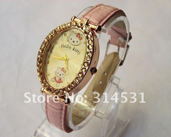 Free shipping 6 colors fashion hello kitty women's ladies luxury crystal oval dial wrist watches 10pcs/lot