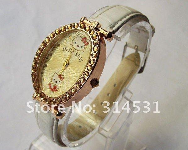 Free shipping 6 colors fashion hello kitty women's ladies luxury crystal oval dial wrist watches 10pcs/lot