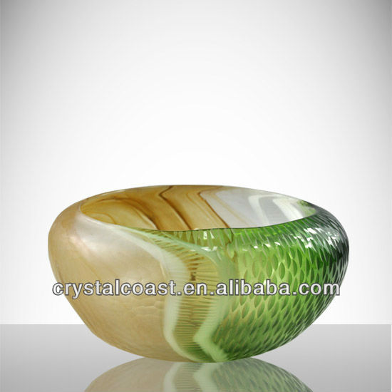 Flat Round Cut Murano Glass Bowl Amber Chocolate White Green