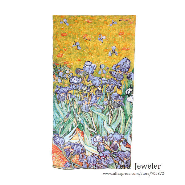FS001511-GR 100% Silk Luxurious 12-momme Charmeuse Silk Van Gogh\'s Irises 1890 Oil Painting Handrolled Edges Long Scarf Shawl Wraps Hijab Headscarf Green (11)