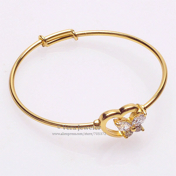 FKJ0113 24K Gold Plated Polish Gold Bangle Baby Bangles Heart Butterfly CZ Crystal Bangles Bracelet Lot 2PC Children Jewelry Cuff Bracelet Gold Yellow Gold Jewelry (3)