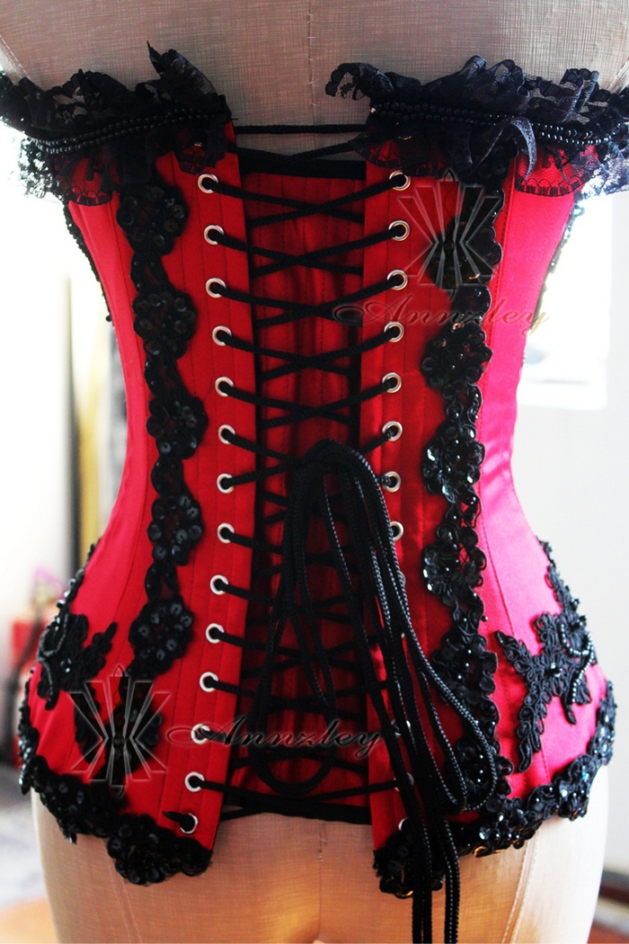 Sexy Black  Beadings Party Red Corset Top  With Ruffled Laces (1).jpg