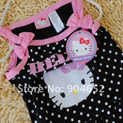 In Stock wholesale 2012 dress newest baby girls HELLO KITTY polka dot strap knee-length summer dresses free shipping