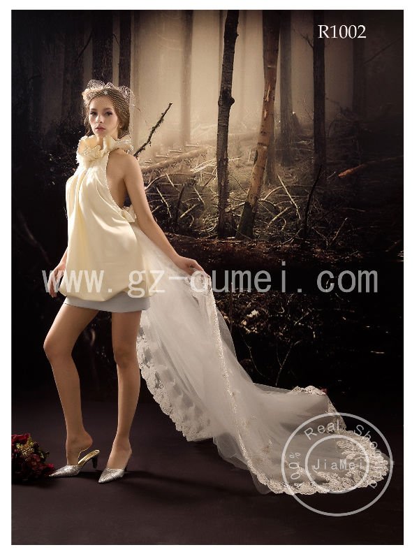 Wedding dress short mini lace ribbons mesh bridal gown