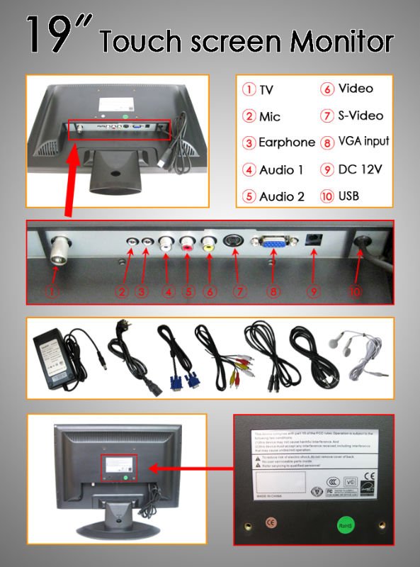 bncのコネクターが付いている19インチVGA RCA lcdのタッチスクリーンのモニター仕入れ・メーカー・工場