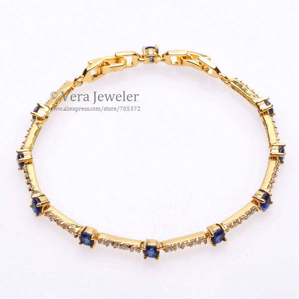 106022469003-BL 24K Gold Plated Gold Chain Bracelet Cluster Round Sapphire Blue CZ Womens Braclets Crystal Bangles Fashion Jewelry 20cm 7.9 inch (2)