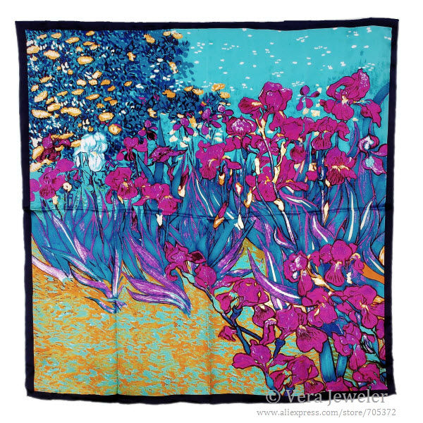 FS003211-PK 600 van gogh\'s irises 34 square 100% satin silk scarf hand rolled edges (1)