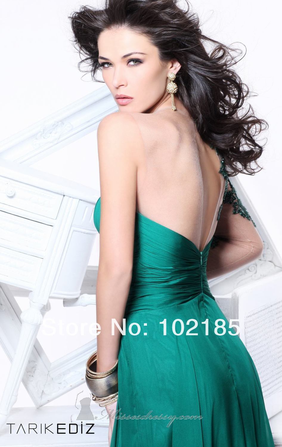 タリクediz2014年ホットウエディングドレス片方の肩シフォングリーンアップリケ幻想の床長さのイブニングドレス長袖問屋・仕入れ・卸・卸売り