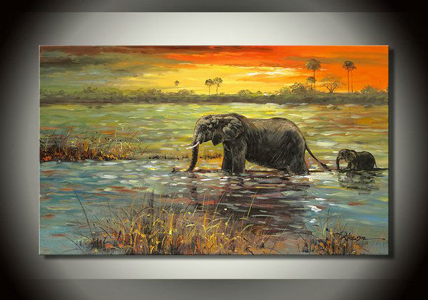 Livraison gratuite, l'éléphant d'afrique riverside paysage, peinture ... Livraison gratuite, l'éléphant d'afrique riverside paysage, peinture ...