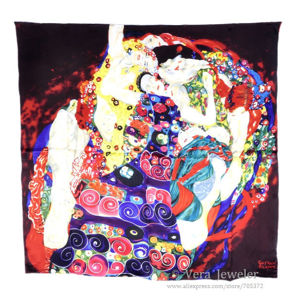 FS021211-BG 600 100% Silk Scarf Square Shawl Summer Scarf Gustav Klimt\'s Virgins Women's Scarf Head Scarves Blue Burgundy (1)