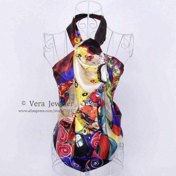 FS021211-BG 600 100% Silk Scarf Square Shawl Summer Scarf Gustav Klimt\'s Virgins Women's Scarf Head Scarves Blue Burgundy (2)