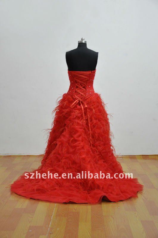 beaded sweetheart red feather front short and long back wedding dress
