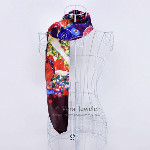 FS021211-BG 600 100% Silk Scarf Square Shawl Summer Scarf Gustav Klimt\'s Virgins Women's Scarf Head Scarves Blue Burgundy (5)