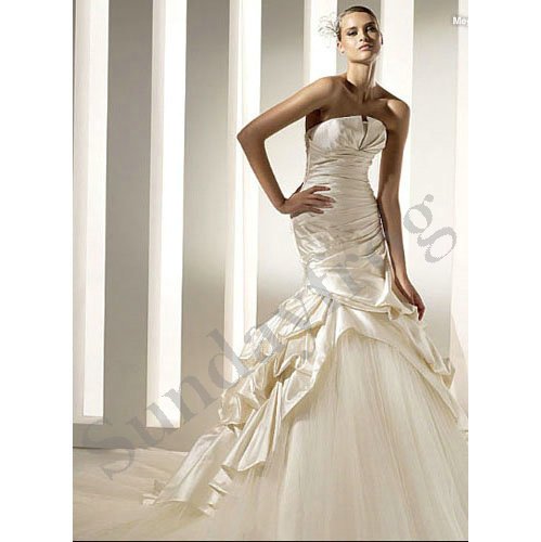  Strapless Satin Tulle Mermaid Gown Ruffle Wedding Dresses Bridal Gowns