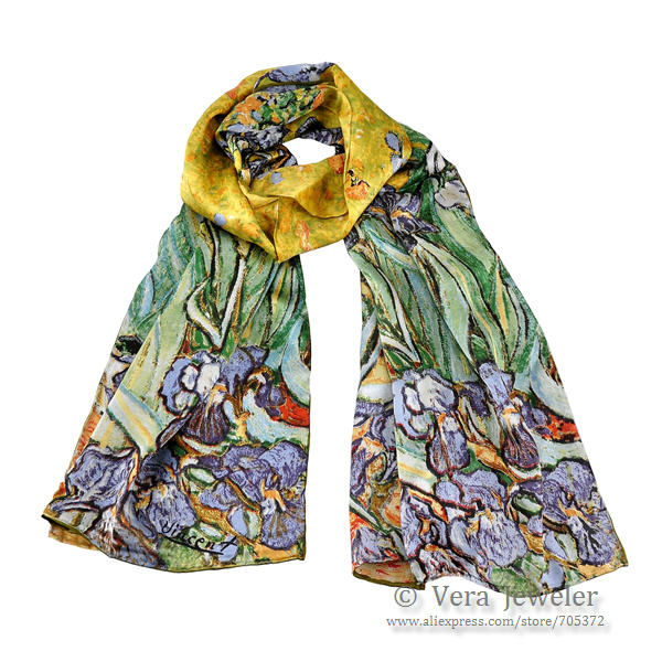 FS001511-GR 100% Silk Luxurious 12-momme Charmeuse Silk Van Gogh\'s Irises 1890 Oil Painting Handrolled Edges Long Scarf Shawl Wraps Hijab Headscarf Green (1)