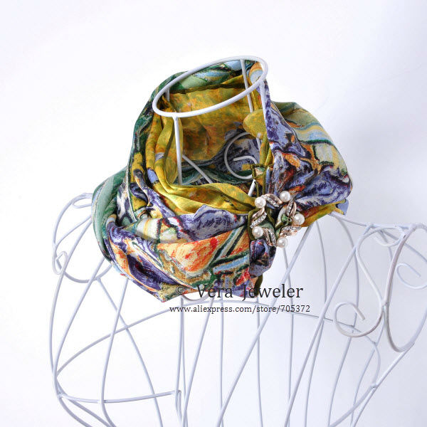 FS001511-GR 100% Silk Luxurious 12-momme Charmeuse Silk Van Gogh\'s Irises 1890 Oil Painting Handrolled Edges Long Scarf Shawl Wraps Hijab Headscarf Green (3)