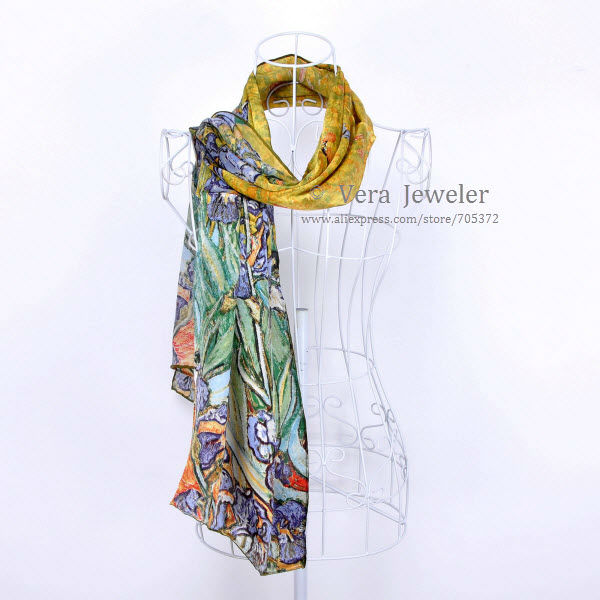 FS001511-GR 100% Silk Luxurious 12-momme Charmeuse Silk Van Gogh\'s Irises 1890 Oil Painting Handrolled Edges Long Scarf Shawl Wraps Hijab Headscarf Green (4)