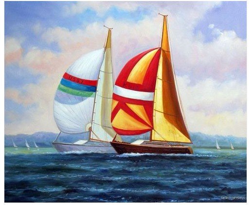 Sailboat Race Boat Yacht Colored Sails Ocean Sea Marine Stretched Oil 