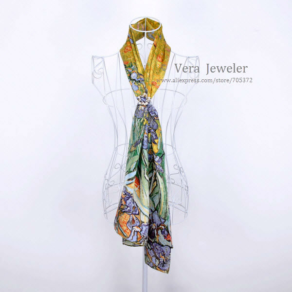 FS001511-GR 100% Silk Luxurious 12-momme Charmeuse Silk Van Gogh\'s Irises 1890 Oil Painting Handrolled Edges Long Scarf Shawl Wraps Hijab Headscarf Green (5)
