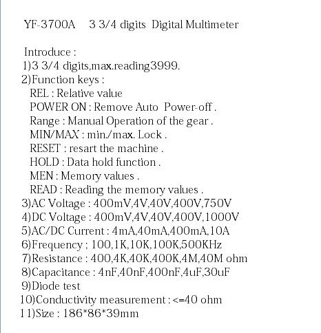 Multimetro Digitale Palmare Auto Ranging 3700A 