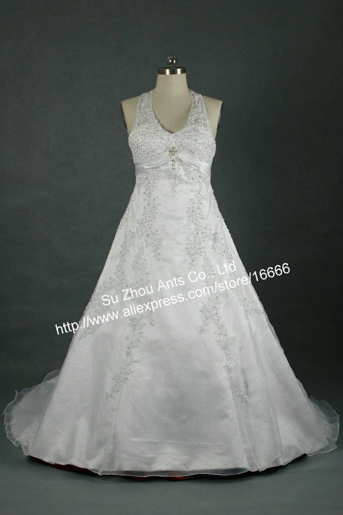 Halter White Lace Wedding Gown With Train Backless Sash ALine Designer