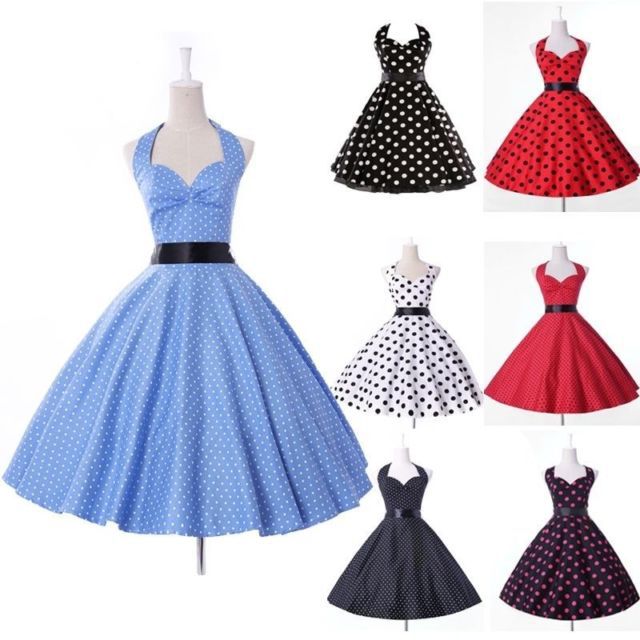 Vintage 50\'s 60\'s Classic Polka Dot Rockabilly Swing Prom Cocktail Dress 4 SIZE.JPG