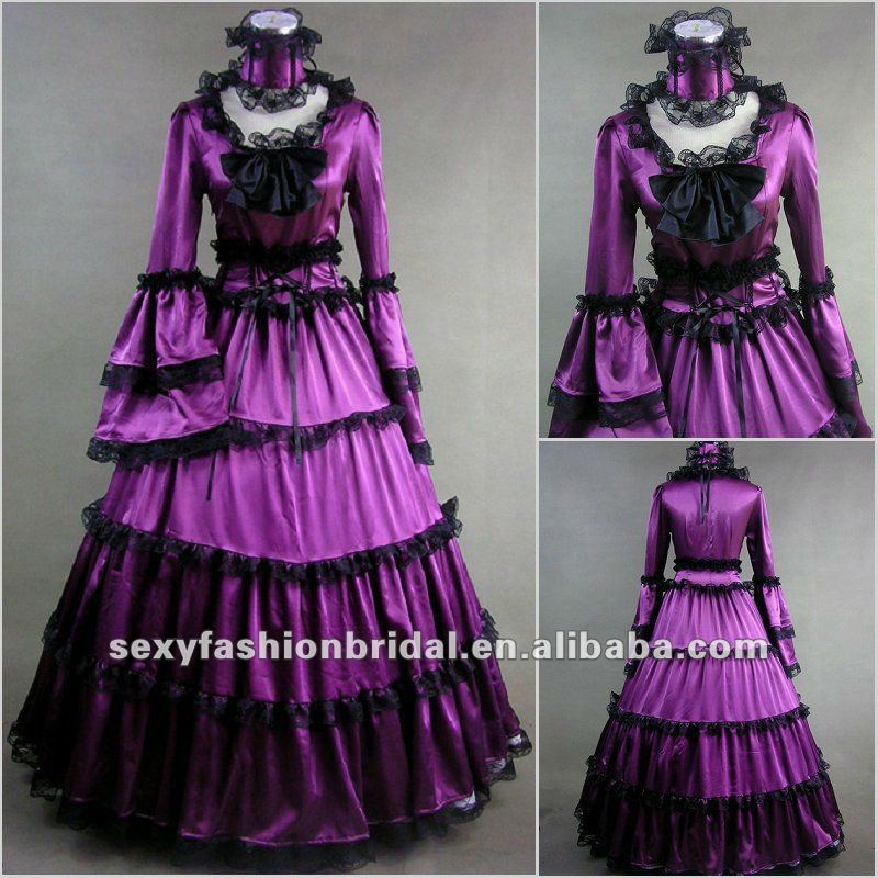 vintage style long sleeve bell sleeves purple and black Gothic wedding dress