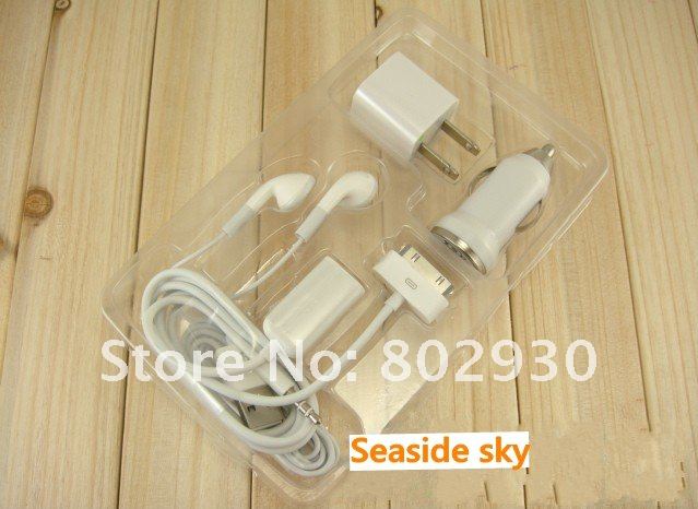 5in1 Kit Charger For iphone 4S 4 3G 3GS, Car Charger+Data Charger+Earphone+Audio Splitter+Wall Charger, 1 Set/5pcs FreeShipping
