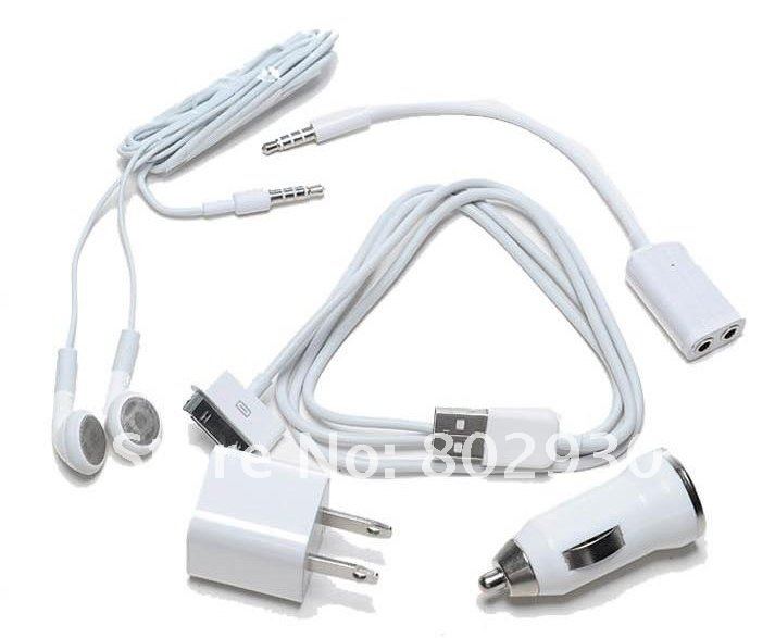 5in1 Kit Charger For iphone 4S 4 3G 3GS, Car Charger+Data Charger+Earphone+Audio Splitter+Wall Charger, 1 Set/5pcs FreeShipping