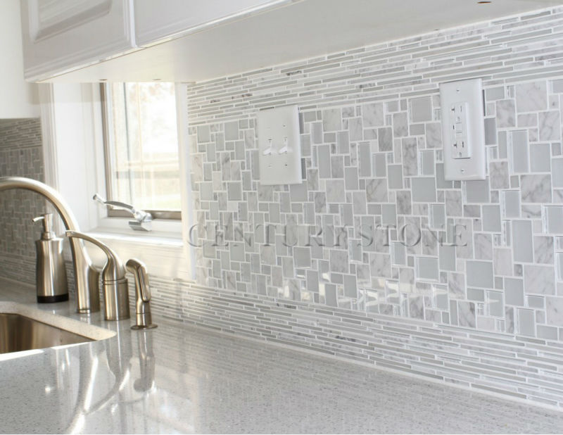 Magia modelo de vidrio y marmol carrara blanco mezclado backsplash ...
