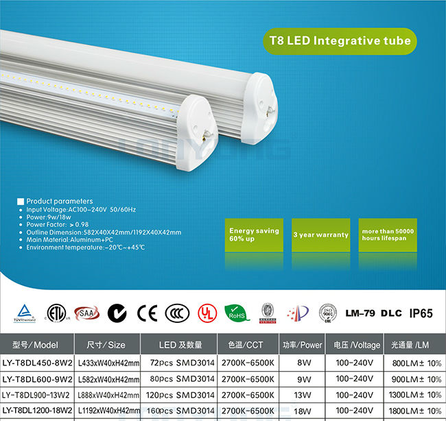 chinese lights in india t8 integrated tubes lighting SAA CE DLC ETL C-Tick UL approval