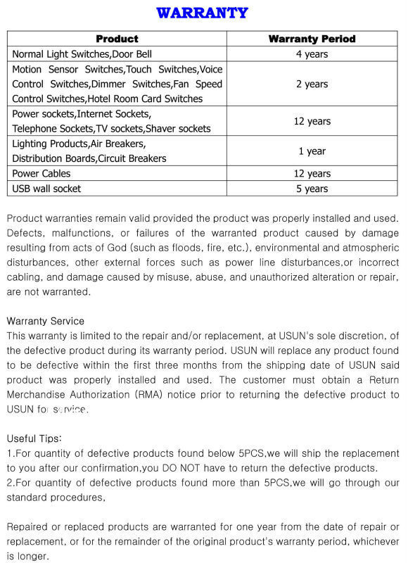 warranty of our USB wall sockets switches and sockets.jpg