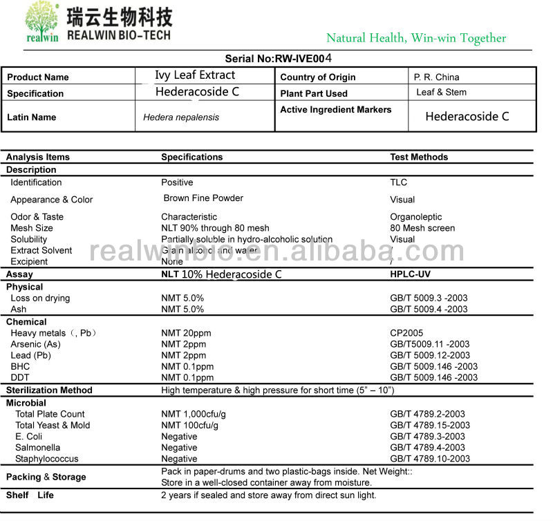 Natural 100% Ivy Leaf Extract /Ivy extract Hederacoside C 10%