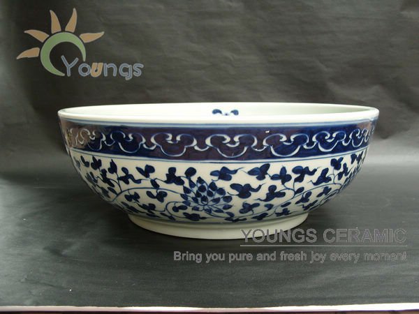 芸術の浴室のための中国の手塗りの青く白い陶磁器の磁器の浴室の洗面器問屋・仕入れ・卸・卸売り