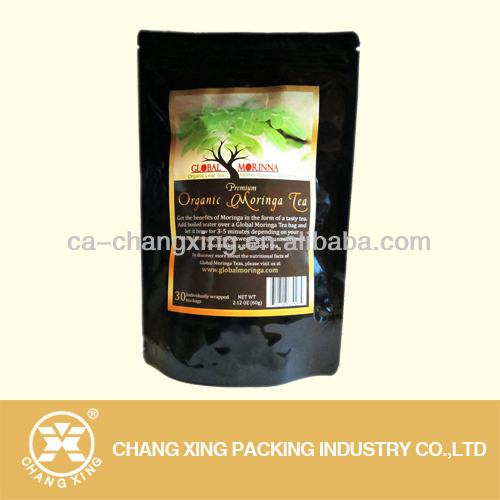 plastic custom made stand up tea bag with zipper lock and clear window