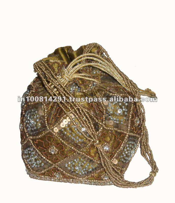 Designer Golden Embroidered Drawstring Potli Bags In Mumbai