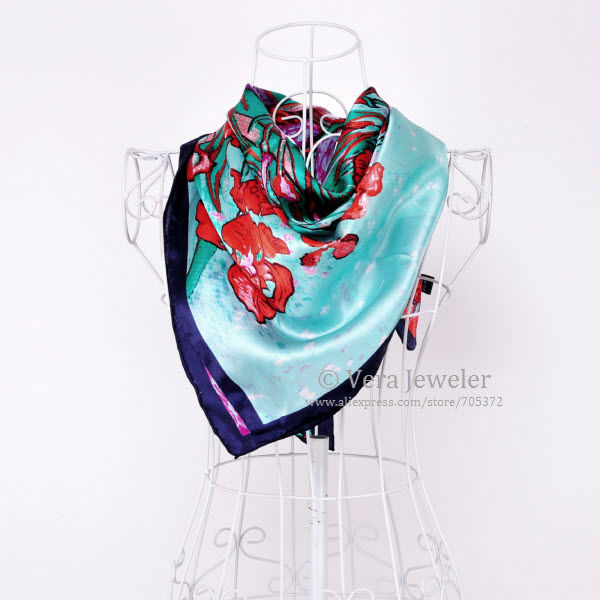 FS003211-RD 600 van gogh\'s irises 34 square 100% satin silk scarf hand rolled edges (9)