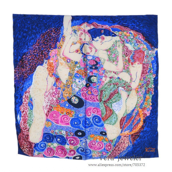 FS021211-BL 600 100% Silk Scarf Square Shawl Summer Scarf Gustav Klimt\'s Virgins Women's Scarf Head Scarves Blue Burgundy (1)