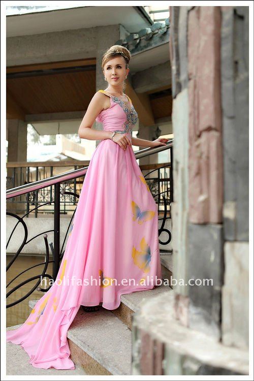 2011 DORIS 30257 charming satin deep Vneck pink butterfly ball gown wedding