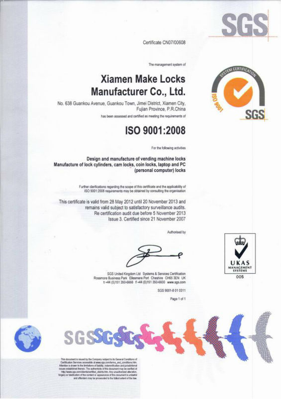 High security pin machanism cam lock for chewing gum vending machine