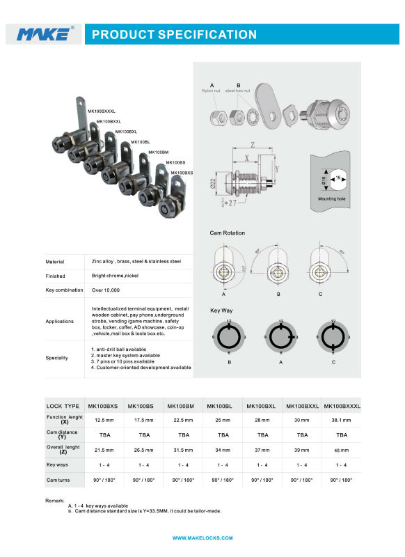 High security pin machanism cam lock for chewing gum vending machine