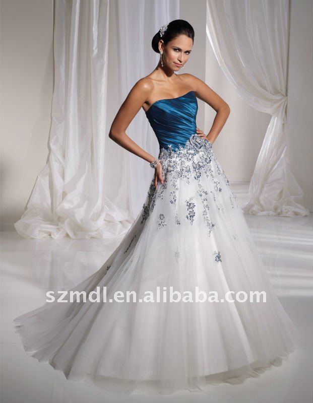 Blue and White Appliqued Unique Design Wedding Dress