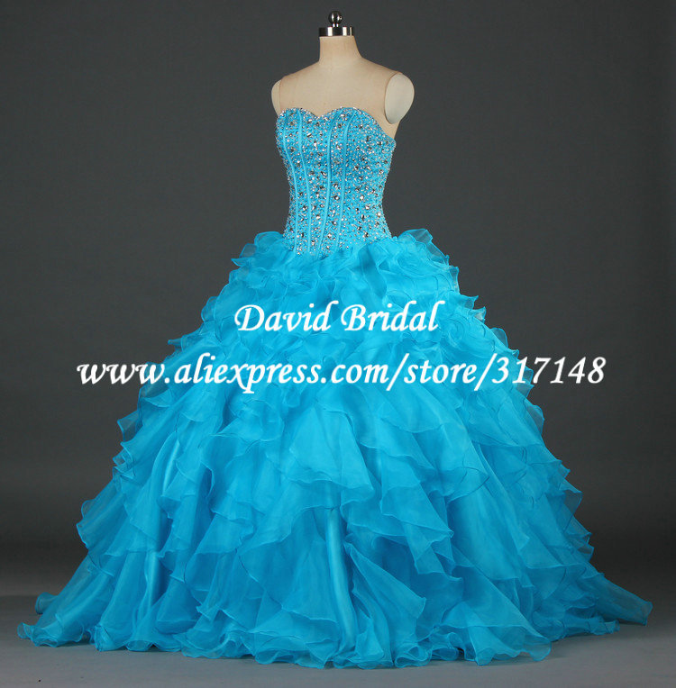 R1131 Ruffles Organza Sweetheart Crystal Beaded Blue Quinceanera Dress